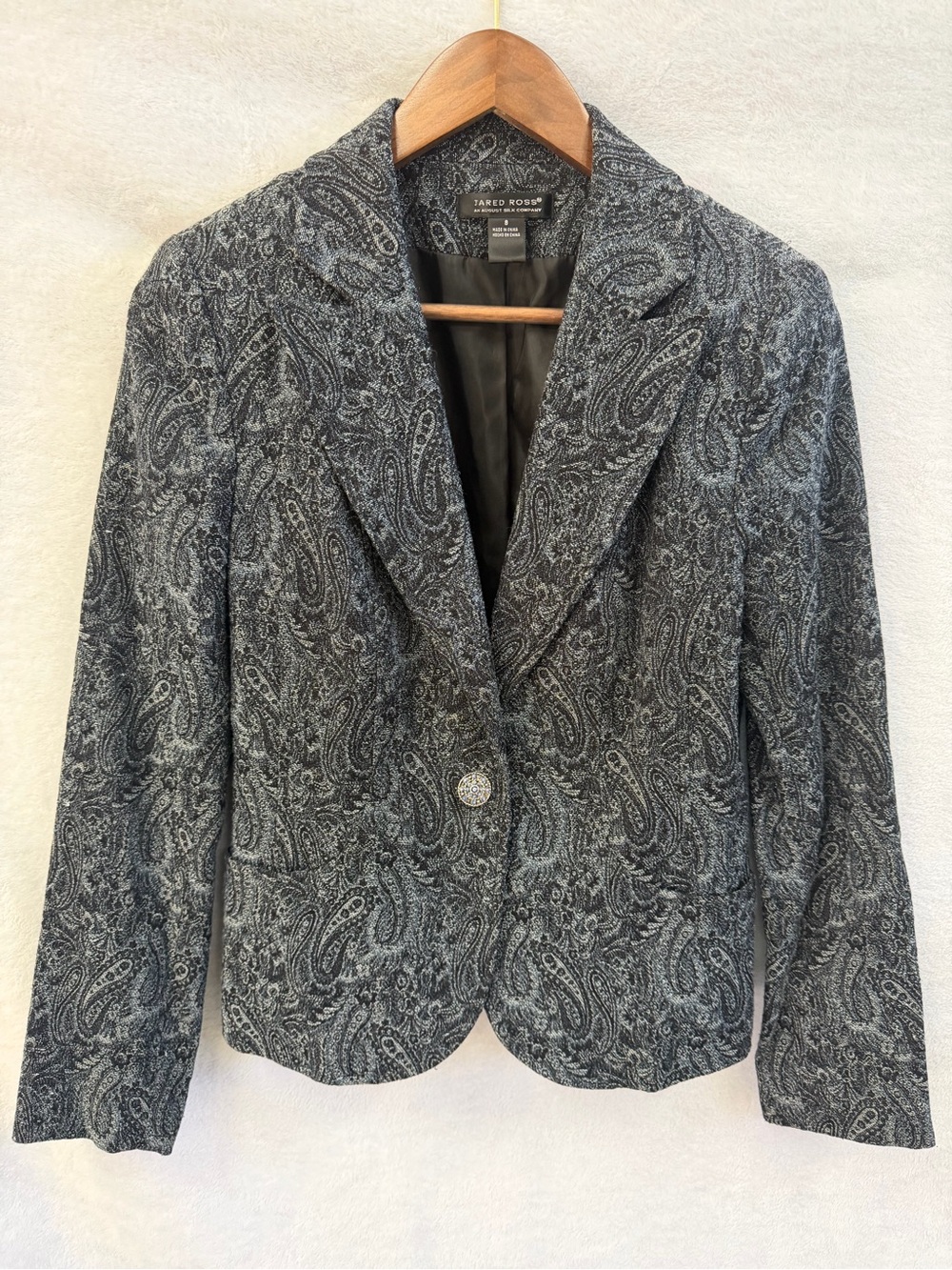Jared Ross August Silk Women's 8 Paisley Jacquard Blazer Jeweled Button Gray